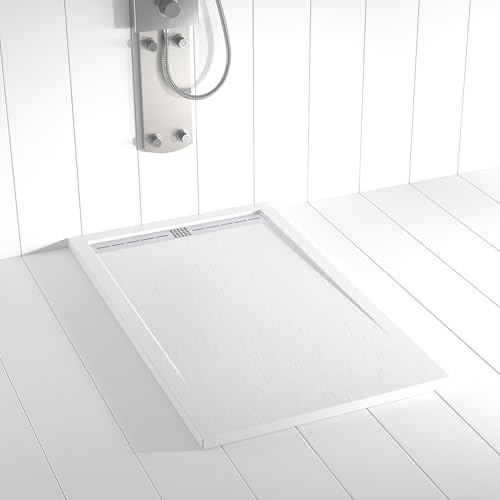 Plato de ducha resina FLOW desagüe lineal frontal color Blanco 80x80 textura pizarra antideslizante rejilla inox con válvula