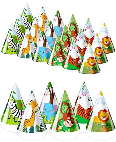 30 Pcs Animal Party Hats for Kids Safari Birthday Cone Hats 6 x 7.87 Jungle Zoo Birthday Party Supplies Decorations for DIY Photo Props Toddlers Baby, Tiger, Giraffe, Elephant, Monkey, Lion, Zebra