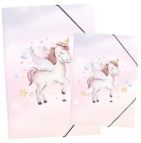 itenga Set Zeichenmappe DIN A3 und Sammelmappe DIN A4 mit Motiv - Gummizugmappe Sammelmappe - für Kinder Jugendliche Schüler Mädchen Jungen (Set A3 und A4 Motiv Einhorn)