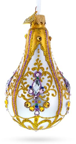 Multicolored Jewels on Golden Swirls Pear Shape Finial Glass Ornament