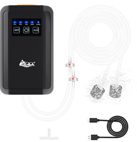 AQQA Fish Tank Air Pump Dual Outlets Rechargeable Battery Air Pump Aquarium Aerator Powerful Backup Fish Oxygen Pump Portable for Live Bait Adjustable Airflow (3W,120GPH)