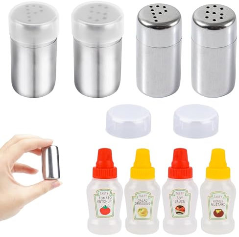 Mini Salzstreuer 4 Stück Salzstreuer Klein und 4 Stück Mini Saucenflasche, Mini Salz und Pfefferstreuer, 5ml Edelstahl Mini Gewürzstreuer für Bento Box, Auto, Büro, Camping, Unterwegs