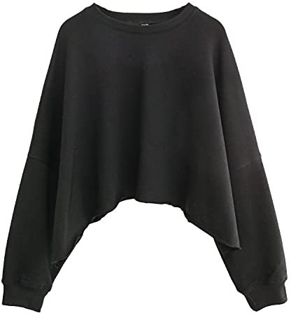 Amazhiyu Damen Sweatshirt, Crop Pullover Ohne Kapuze, Damenpullover Baumwolle Langarm Casual Basic Pulli Oversized Langarmshirt Oberteile Tops, Schwarz, M