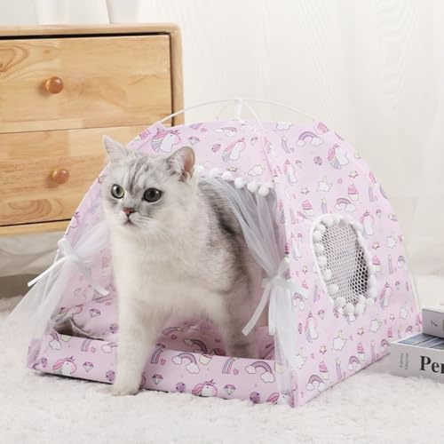 Selena Dog Tent House Cat Bed Bow Lace Mesh Breathable Windows Unicorn Pony Butterfly Cartoon Curtains Indoor Outdoor Removable Portable Pet Teepe (Large,Purple Pony)