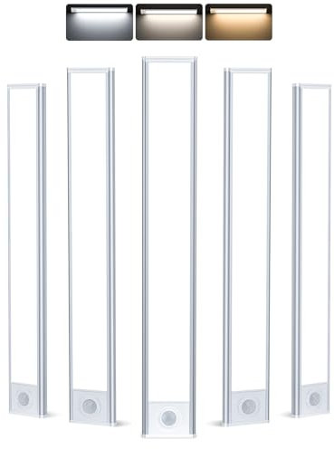 TRUMPETS 30CM Luz LED Armario con Sensor de Movimiento, 3 Colores 3 Modos USB-C Recargable, 108 LED Cocina, 5 Piezas Blancas Modernas Minimalistas