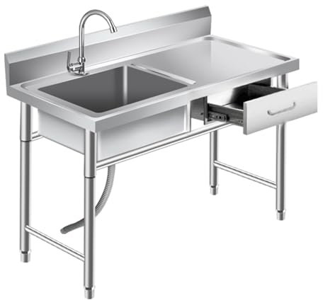 SQMGFA Évier de Service évier sur Pied, avec tiroir, égouttoir, Robinet d'eau Chaude et Froide - Lavabo à Main à cuve Unique, pour buanderie, Garage, Cuisine (100x50x80cm)