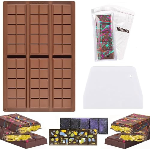 Stampo Cioccolato Dubai con 100 Sacchetti OPP e Raschietto, 2 Pezzi Stampi in Silicone per Tavoletta Cioccolato (25.3x16.5x1.5cm), 6 Cioccolatini, Antiaderente, Resistente -40°F~446°F, Senza BPA