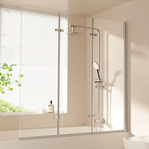 EMKE Badewanne Duschwand für Badewanne 130x140 cm, Badewannenaufsatz 3-teilig Faltbar Duschtrennwand für Badewanne Badewannenfaltwand 6 mm Sicherheitsglas Duschabtrennung Badewanne