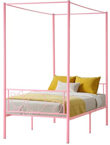 VEVOR Struttura per Letto a Baldacchino Matrimoniale, Letto in Metallo con Testiera Minimalista, Supporto a Doghe in Acciaio Rotondo, Senza Materasso a Molle, Contenitore Sotto Letto, Rosa