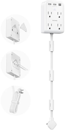 Striscia di alimentazione corta da 2 piedi, cavo di prolunga a parete piatta con presa di corrente 4AC e 3 porte USB (1 tipo C), prolunga multipresa piccola protezione da sovratensioni per