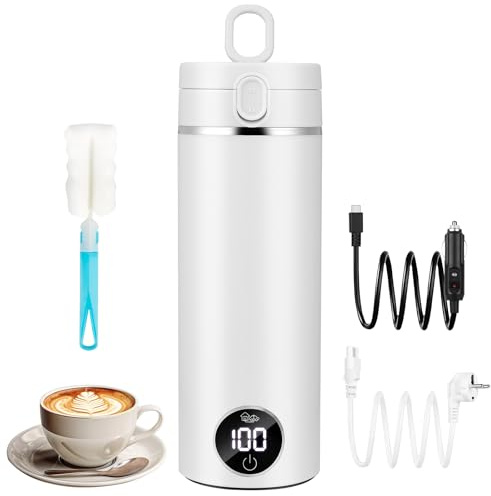GuKKK Pequeño hervidor de agua portátil, 450ML Hervidor de Viaje, 12V Calentador de Agua Portatil con 6 Niveles de Temperatura, Materiales Inoxidables, Apagado Automático, para Hacer Leche, Café y Té