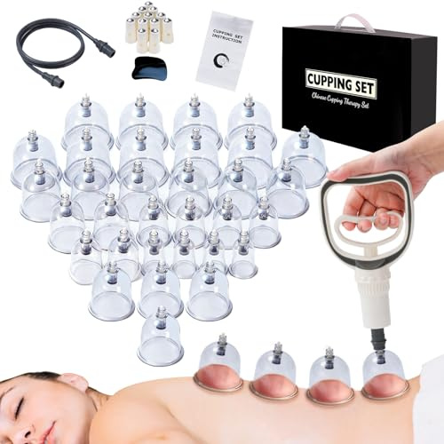 Coppette con pompa a vuoto, 32 pezzi, coppette in vetro per viso e corpo, set di coppette per drenaggio linfatico, rilassamento muscolare e contro la cellulite, set di coppette con mini punto di