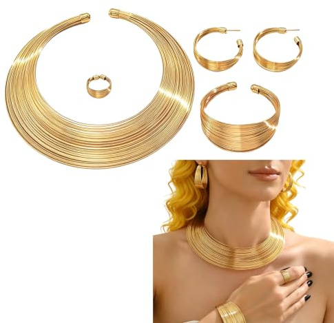 5Pcs Gold Choker Necklaces for Women Set, Elegant Gold Statement Necklace | Durable Chunky Gold Jewellery, Skin-Friendly Costume Jewellery, Precise Craftsmanship, Not Prone to Falling Off Design