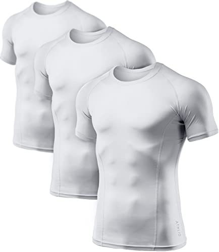 ATHLIO Men's Cool Dry Short Sleeve Compression Shirts, Sports Baselayer T-Shirts Tops, Athletic Workout Shirt, 3pack Tops White/White/White, Large