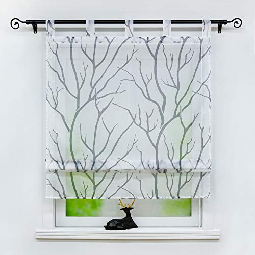 Joyswahl Voile Raffrollo Transparente Raffgardine mit Äste-Motiv »Tatjane« Schals Küche Fenster Vorhänge BxH 120x140cm weiß-grau mit Schlaufen 1er Pack