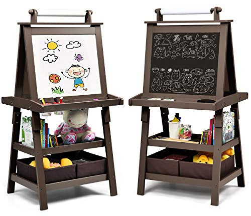 COSTWAY 3 en 1 Tableau Enfants Double Face avec Rouleau de Papier, Chevalet Enfants avec 2 Etagères et 2 Boîtes de Rangement, Structure Triangulaire, Jouet de Dessin pour Enfants de 3 Ans+