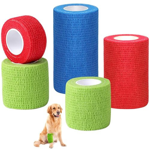 SANNIX 5 Rouleaux Bandage Vétérinaire Auto-Adhésive bande Cohésive Tailles Mixtes pour Animaux (Bleu ou Orange + Vert + Rouge)