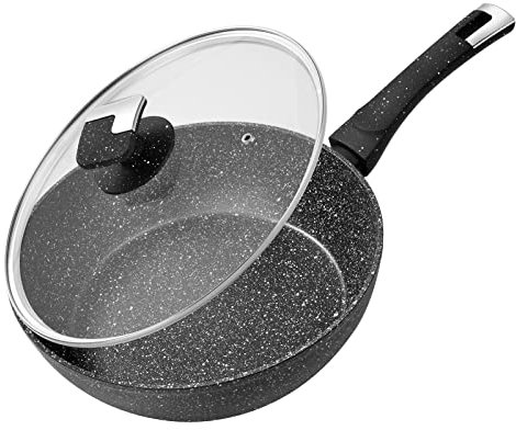 Rainberg Deep Frying Pan with Lid, Granite Frying Pan Nonstick, Nonstick Frying Pans with Lid, Induction Compatible (Black Deep FryPan, 28cm)