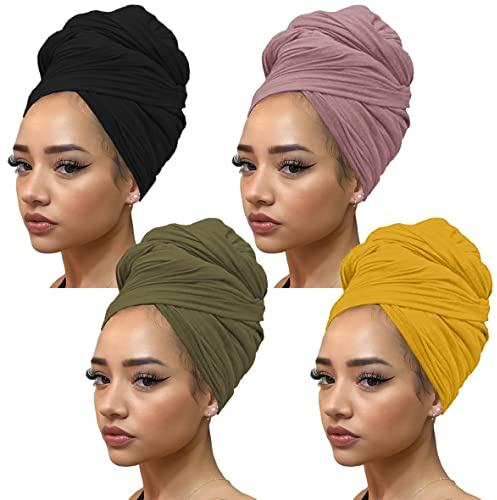 kachanaa African Turban Head Wraps Jersey Stretch Hair Scarf Long Shawls Solid Color Soft Lightweight Head Bands Tie for Black Women