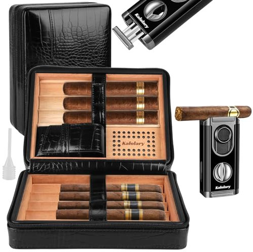 Kalolary Humidor per sigari, portasigari portatile con umidificatore, accendisigari e tagliasigari per 8 sigari, custodia da viaggio per sigari in pelle di cedro (nero)