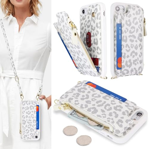 SailorTech för iPhone 7/8/SE 2020/SE 2022 telefonfodral med kreditkortshållare för kvinnor, iPhone 7/8/SE2/SE3 läderfodral plånbok crossbody med kreditkortsfack, dragkedja stöttåligt fodral – vit