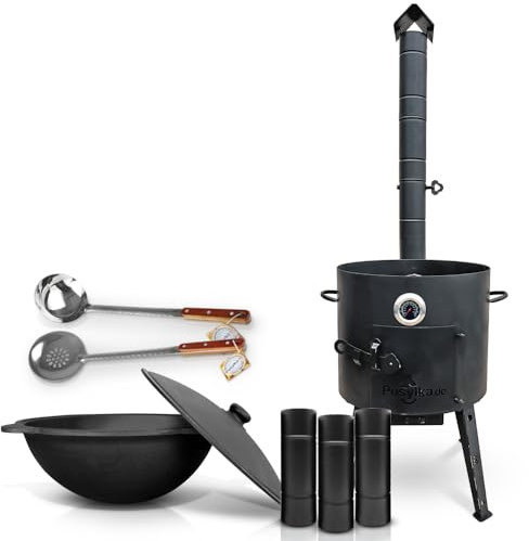 Utschak - Horno de fuego con tubo de horno extraíble, olla de hierro fundido con base redonda con tapa (16 L), KazanoFF, Учаг, Kazan Outdoor Brasero, Camping, Kazan, Cañón de goulash Holandés (Set 12R