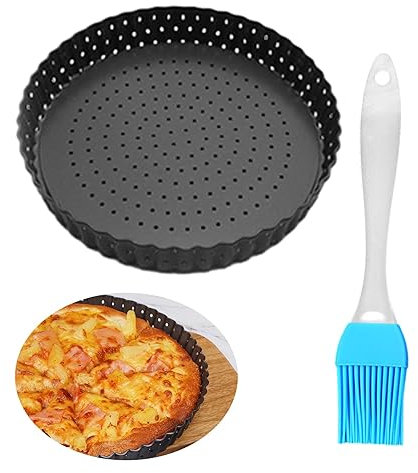 Rixotix Quiche Pan 20cm, Non-Stick Tart Tin, Flan Tins with Loose Base, Tart Pan for Baking, Quiches, Flans, Pie Pan with Brush, Quiche Dish, Carbon Steel(Black)