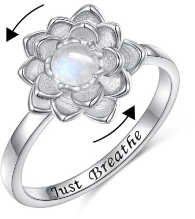 Flyow Just Breathe Spinner Ringe für Angst 925 Sterling Silber Mondstein Lotus Fidget Ringe für Angst Anti Stress Anxiety Inspirational Ring Lotusblume Yoga Schmuck Geschenke für Damen (57 (18.1))
