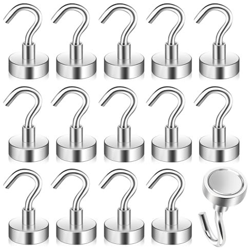 ysister 15 Pièces Crochets Magnétiques Extra Forts, Aimants 20 mm, Crochets Aimants Forts18 Kg, Crochets Magnétiques en Néodyme, pour Cuisines, Réfrigérateurs, Camping, Garage, Antirouille Argent