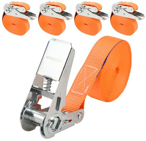 4 Pezzi Cinghie A Cricchetto senza gancio,5mx 25mm Cinghie Di Fissaggio,Può sopportare 800 kg,Secondo la norma DIN EN 12195-2standard,Cinghia A Cricchetto per carrelli, valigie moto (H-5M-Arancione)