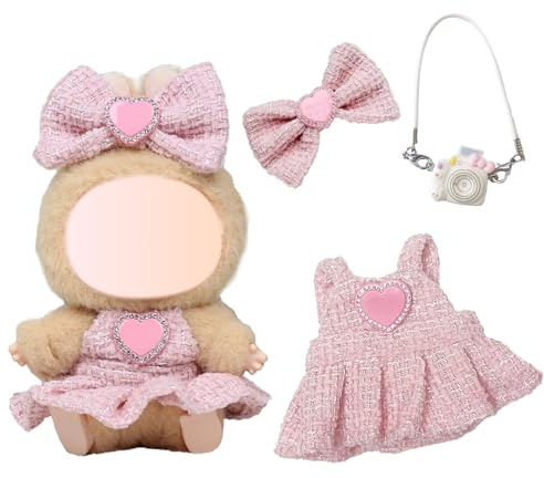 3 Pcs Doll Clothes for 17cm Plush Dolls, Light Pink Set Include 1 Halter Dress 1 Bow Hair Clip 1 Handbag for Dolls Premium Outfit, Birthday Holiday Present for Girls Kids（No Doll）
