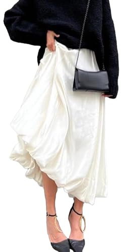 SOMTHRON Women's Bubble Satin Maxi Skirt Low Waist Ruffle Pleated A Line Puffy Summer Flowy Balloon Skirt BW-L Beige