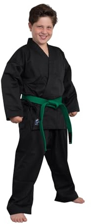 TEKKA BUDO Kidoka - Combinaison de karaté pour enfant - Noir - Modèle léger - Tissu mélangé - Ensemble de karaté - Veste, pantalon, ceinture - Costume de débutant, Noir , 110
