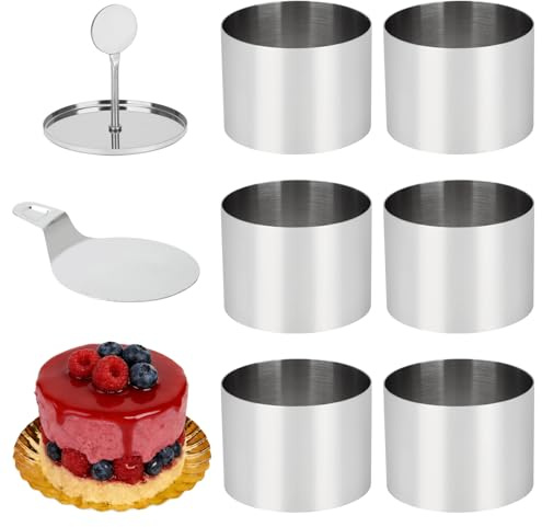 6 Pack Cake Ring Molds with 1 Pusher 1 Lifter 7.5cm Round Seamless Stainless Steel Molds for Cooking, Baking, Plate-Setting, Cookie Dough Cutting (Cake Ring)