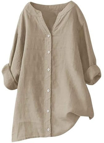 Chemise Lin Femme Été Chic et Élégant Manches Longues Chemisier Tops avec Boutons Col en V Large Couleur Unie Chemisiers et Blouses Tunique Femmes Décontracté Respirant T-Shirt Grande Taille