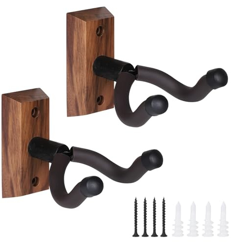 DBREAKS Gitarrhållare för väggen, gitarrväggfäste 2-pack, hårt trä U-formad gitarrvägghållare, för akustisk gitarr, elgitarr, bas, svart valnöt massivt trä gitarrtillbehör