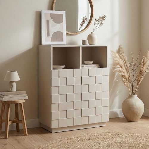 [en.casa] Comò Alto con 2 Ante Decorative 3D Credenza Mobile Contenitore con 2 Ripiani Aperti e 4 Vani Chiusi Armadio per Soggiorno Sala da Pranzo Ingresso 86 x 64 x 36 cm - Beige