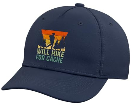 Will Hike for Cache Funny Geocaching Adjustable Printed Baseball Hat, Navy Blue
