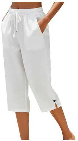 Pantalon 3/4 Femme Chic et Elegant Pantacourt Femme Été Coton Lin Léger avec Poches Taille Élastique avec Cordon Bouton à la Cheville Pantalons de Jogging Décontracté pour Yoga Randonnée