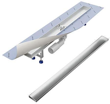 Aquabad® Caniveau de douche SDS Pro en acier inoxydable| Set complet avec couvercle: Cuvette à carreler, siphon Domoplex et Filtre à cheveux | Longueur 80 cm | Siphon horizontal au milieu