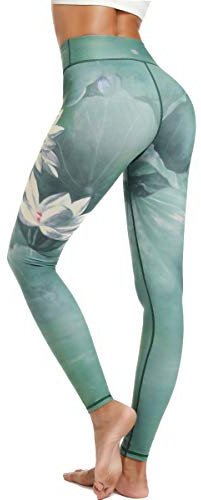 HAPYWER Yoga Leggings Damen High Waist Yogahose Bunt Gym Sport Leggings Tummy Control Running Workout - Stretch Kompressionshose mit Aufdruck für Frauen(Lotos Grün,M)
