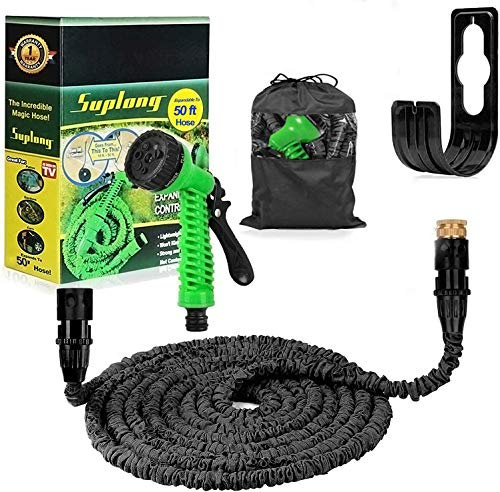 Suplong Expandable Garden Hose 50ft,Expanding Hose Pipe with 1/2,3/4 Fittings,Lightweight Flexible Garden Hose with 7 Function Spray Nozzle(Black, 50ft)