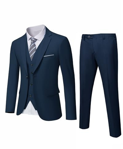 YND Herr Slim Fit 3-delad kostym, en knapp solid jacka väst byxor set med slips, Djupblå, S