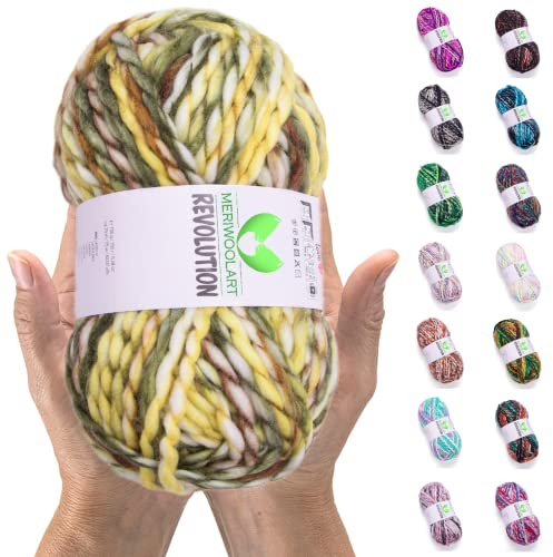 MeriWoolArt Merino Wolle zum Stricken – 75 m Mehrfarbige Dicke Weiche Merinowolle zum Stricken für Pullover Jacken – XXL Handstrickwolle – Voluminöse DIY Wolle für Schals Decken Tücher Geschenke