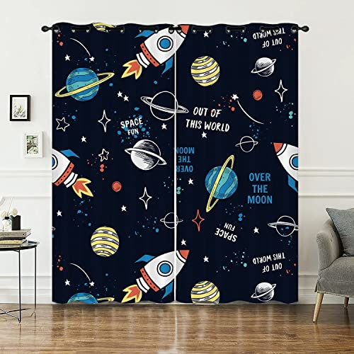 HOSIMA Himmelskörper Vorhänge Blickdicht Gardinen Mit Ösen,2-Set 140x245cm Sterne Nacht Raumschiff weiche Verdunklungsvorhänge für Wohnzimmer Kinderzimmer(Himmelskörper 140x245cm)