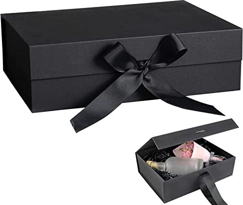 Geschenkbox mit Schleife, 21x17x7cm Magnetische Geschenkbox Geschenkschachtel Geschenkkarton, Geschenkbox mit Deckel, Wiederverwendbare Dekorative Box für Hochzeit Geburtstag Weihnachten (Schwarz)