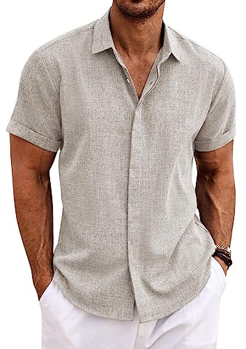 COOFANDY Linen Shirts for Men Collared Shirt Men Summer Shirt Stone