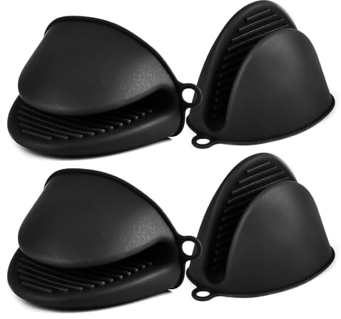 AUAUY Presine Silicone da Cucina, 4 Pezzi Mini Guanto da Forno Antiscivolo, Silicone Guanti per Forno, Presine per Le Pentole, Resistente al Calore, per Cottura e Grigliate （Nero）