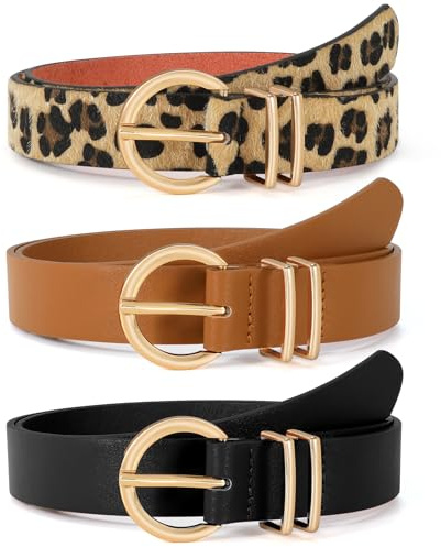 VONMELLI 3 Pack Women's Leather Belts for Jeans Dresses Ladies Waist Belt with Fashion Gold Buckle Black Leopard Brown M