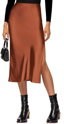 VividHarbor Satin High Waisted Midi Skirt Elastic Waistband Side Slit A Line Wedding Casual Skirts for Women Brown